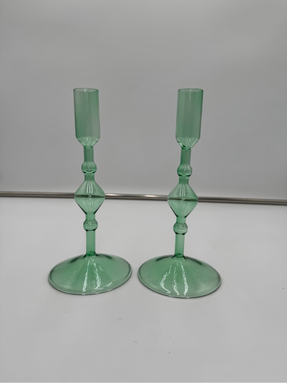 Vintage POKETO Green Handblown Glass Candlestick Holders Set of 2 Taper Candle